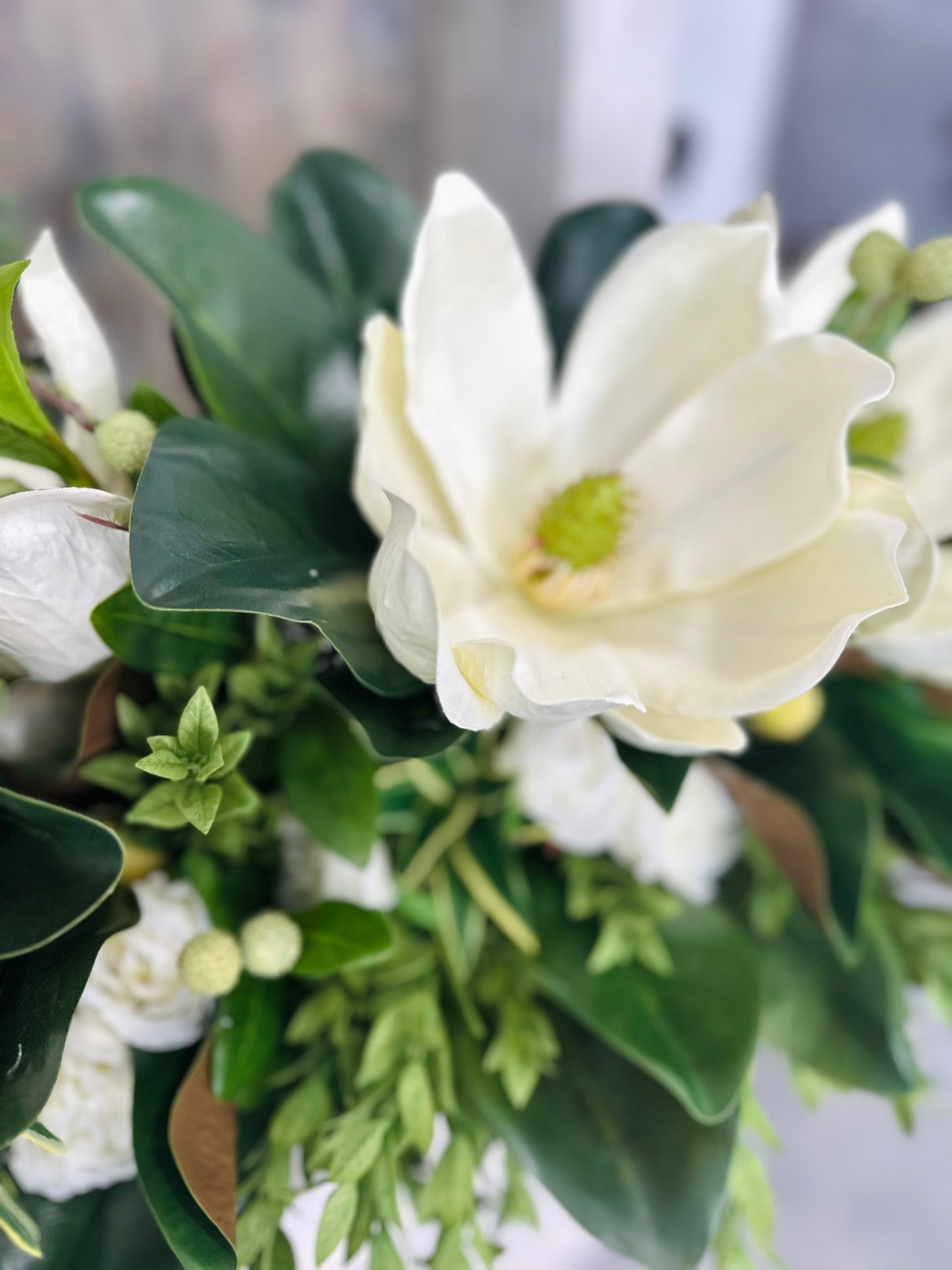 Magnolia & White Rose Floral Centerpiece | Faux Flowers in Rustic Dough Bowl