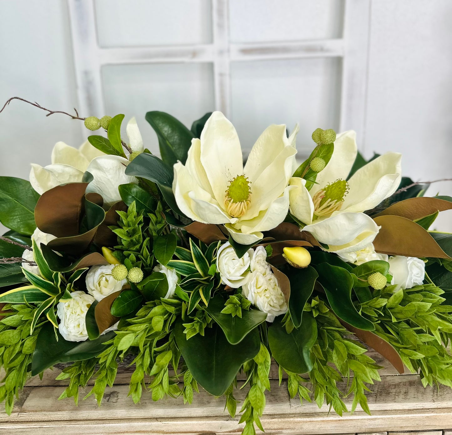 Magnolia & White Rose Floral Centerpiece | Faux Flowers in Rustic Dough Bowl