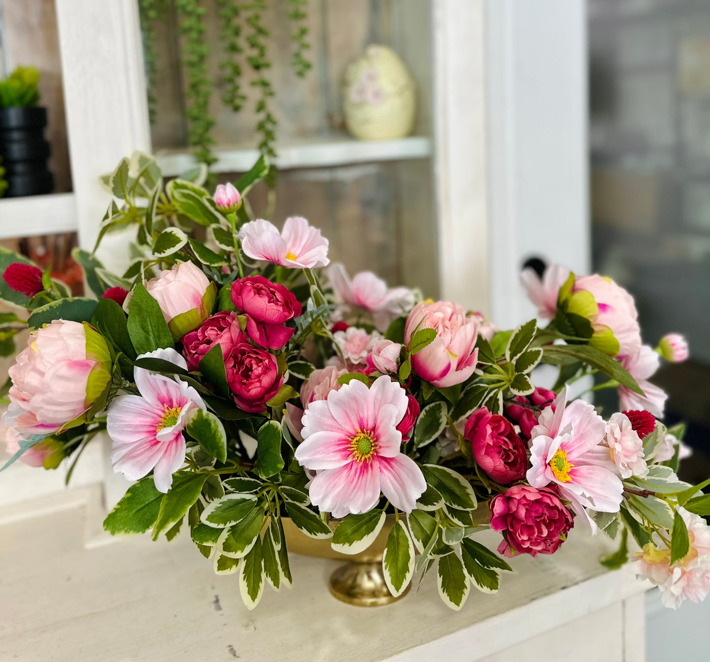 Luxury Pink Silk Floral Centerpiece in Gold Compote – Romantic Wedding Table Arrangement or High-End Home Decor