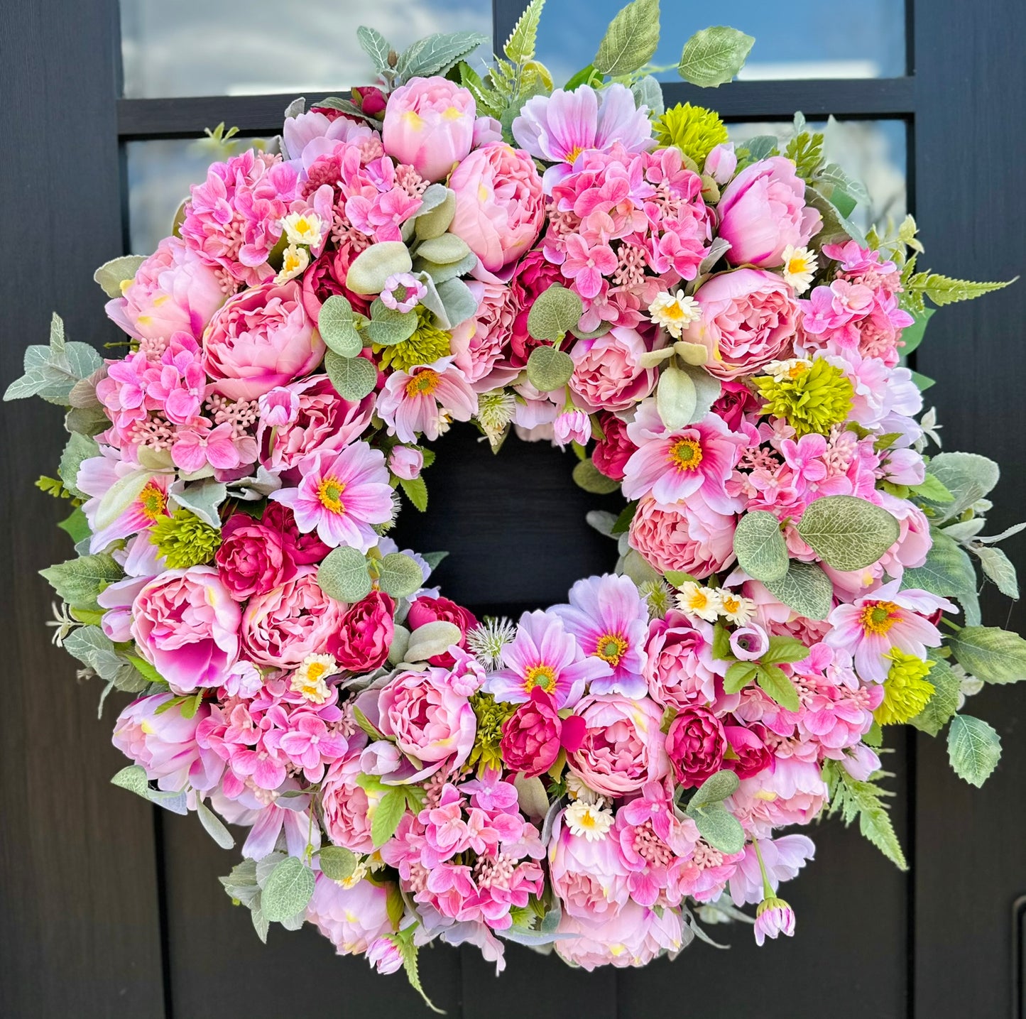 Luxury Pink Peony Wreath with Cherry Blossoms & Cosmos | Elegant Spring Door Decor 24x24