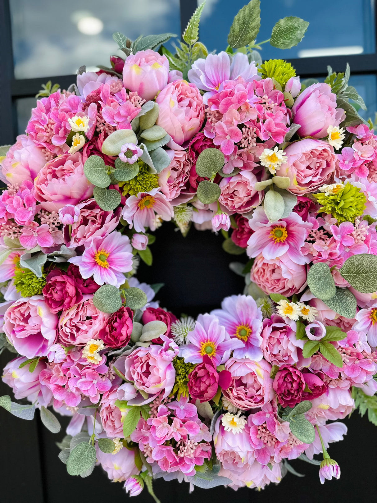Luxury Pink Peony Wreath with Cherry Blossoms & Cosmos | Elegant Spring Door Decor 24x24