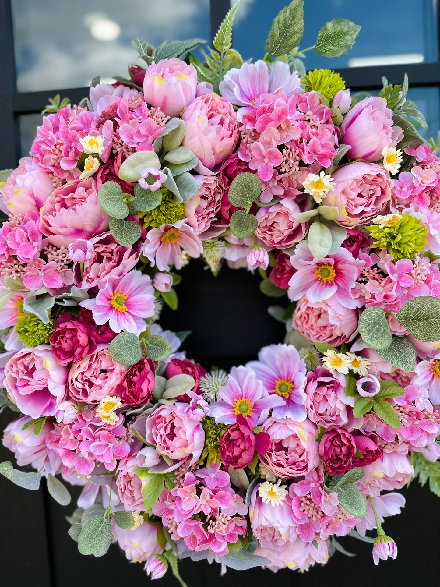 Luxury Pink Peony Wreath with Cherry Blossoms & Cosmos | Elegant Spring Door Decor 24x24