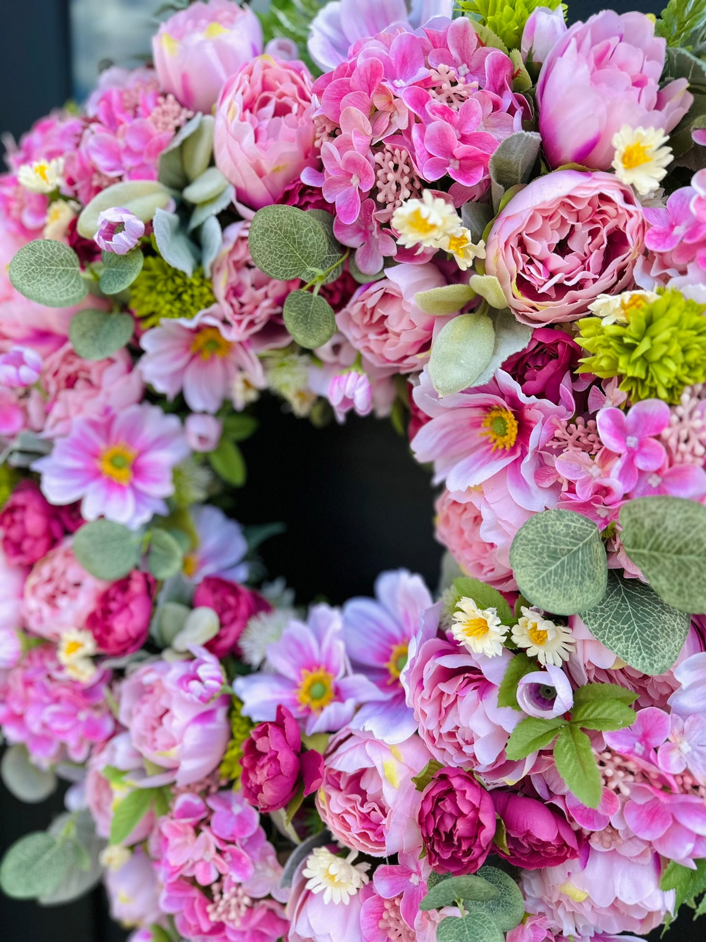 Luxury Pink Peony Wreath with Cherry Blossoms & Cosmos | Elegant Spring Door Decor 24x24