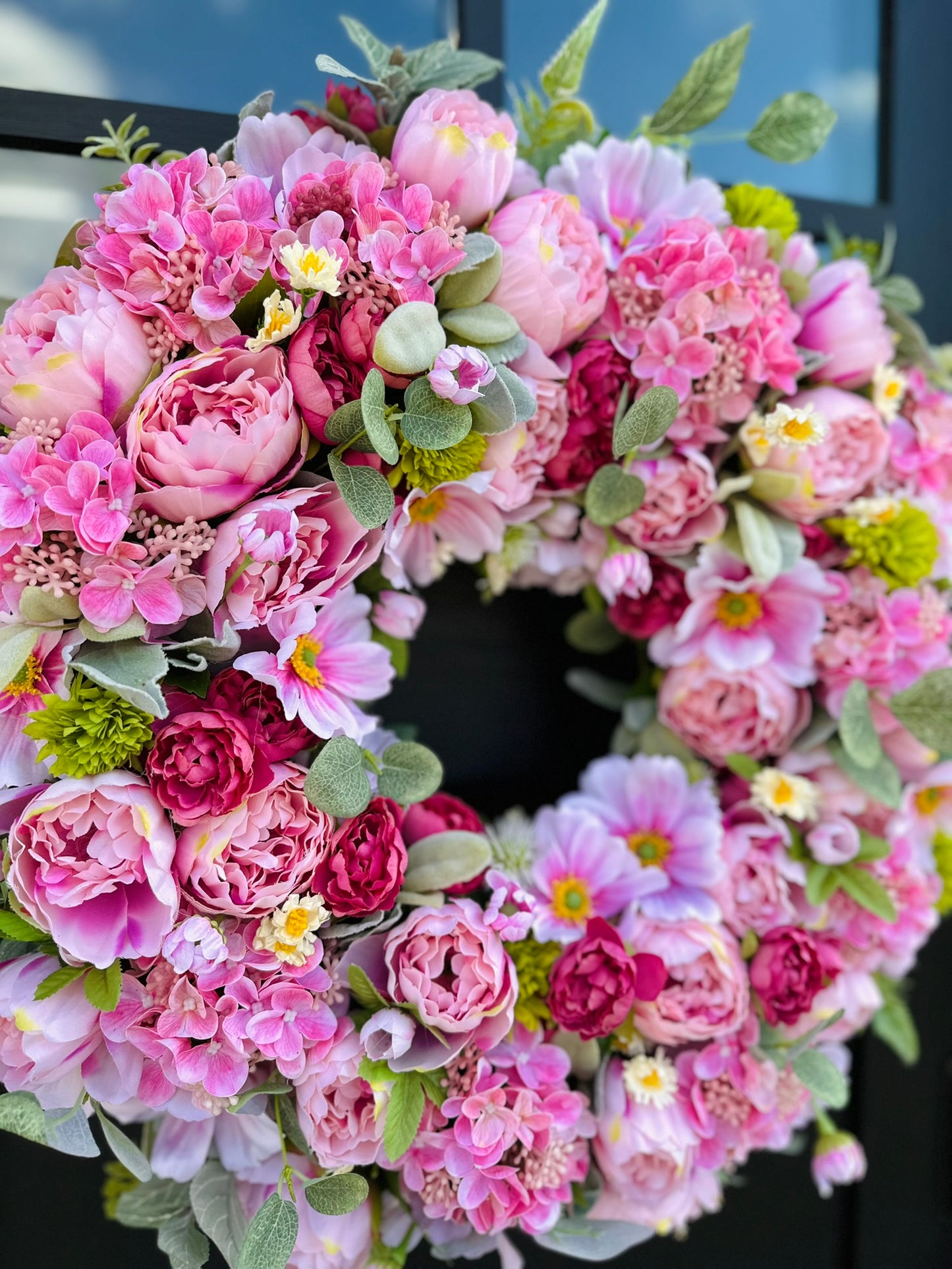 Luxury Pink Peony Wreath with Cherry Blossoms & Cosmos | Elegant Spring Door Decor 24x24
