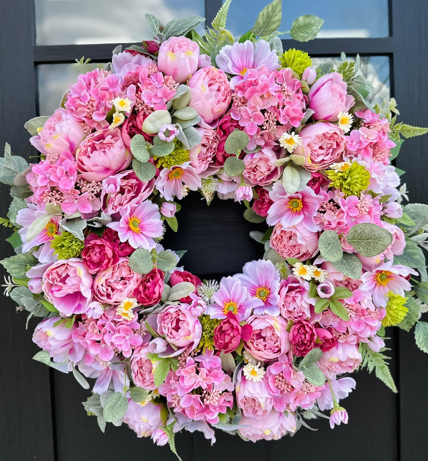Luxury Pink Peony Wreath with Cherry Blossoms & Cosmos | Elegant Spring Door Decor 24x24