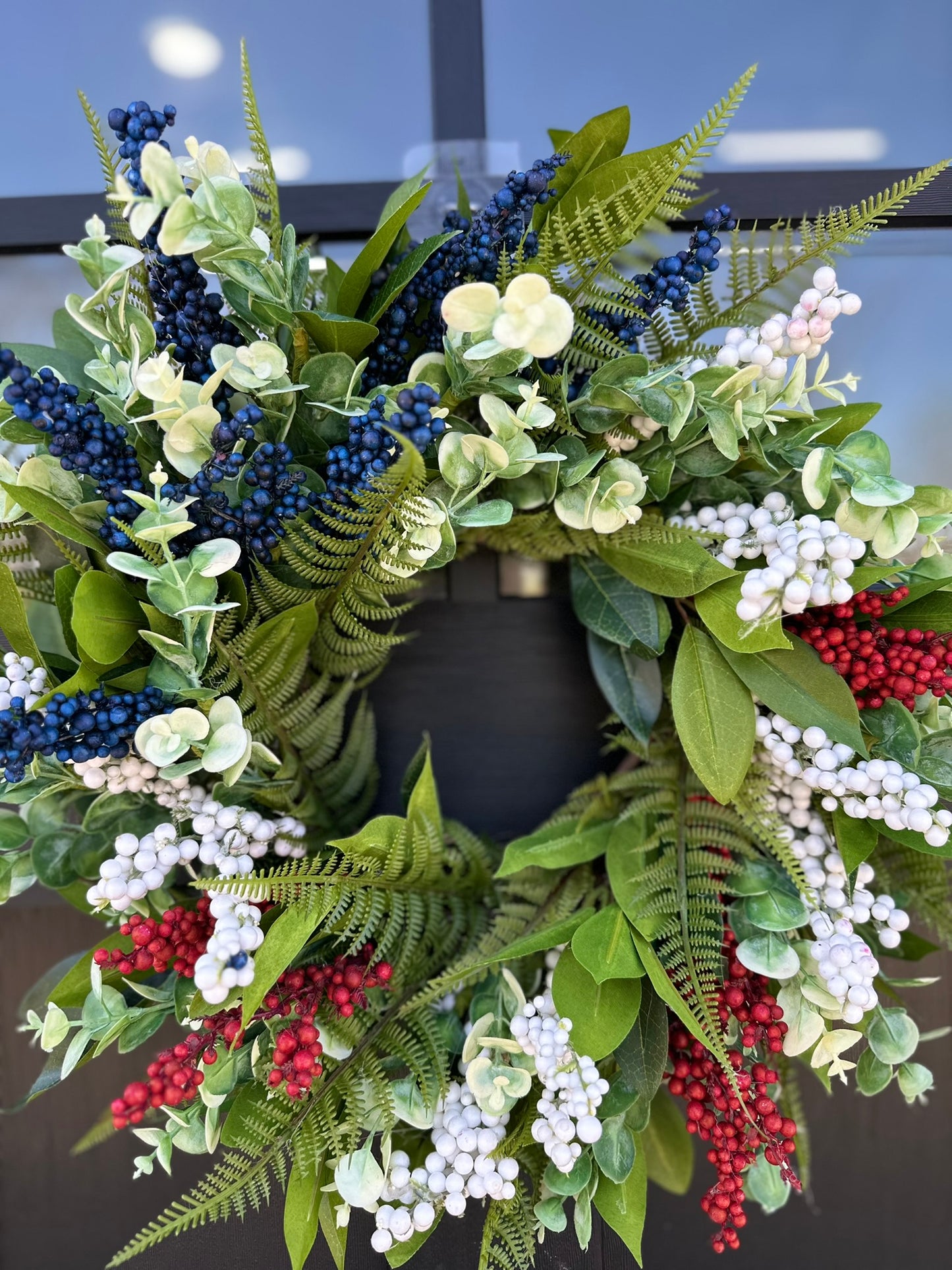 Patriotic Red White Blue Grapevine Wreath for Front Door – 18" Summer Americana Berry Wreath for July 4th & Memorial Day