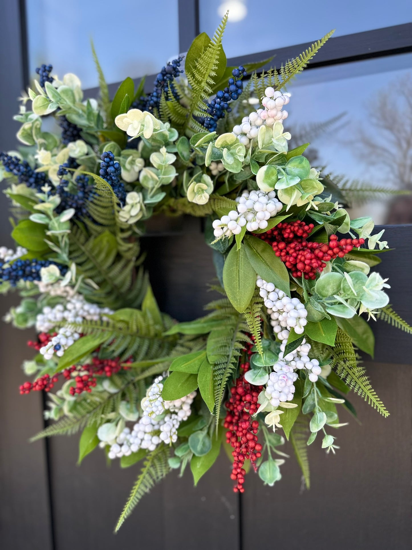 Patriotic Red White Blue Grapevine Wreath for Front Door – 18" Summer Americana Berry Wreath for July 4th & Memorial Day