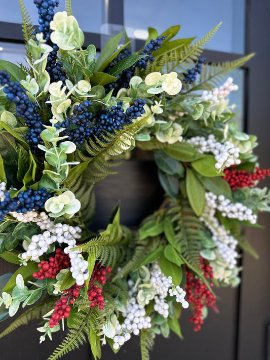 Patriotic Red White Blue Grapevine Wreath for Front Door – 18" Summer Americana Berry Wreath for July 4th & Memorial Day