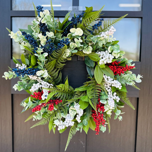 Patriotic Red White Blue Grapevine Wreath for Front Door – 18" Summer Americana Berry Wreath for July 4th & Memorial Day