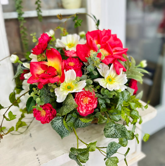 22x15 Faux Rose & Cosmos Arrangement – Silk Flower Centerpiece with Greenery