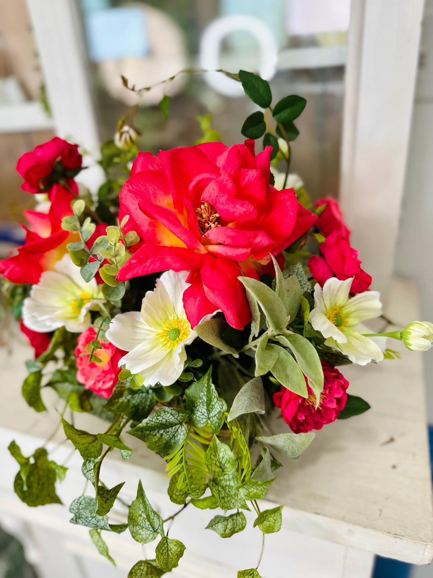 22x15 Faux Rose & Cosmos Arrangement – Silk Flower Centerpiece with Greenery