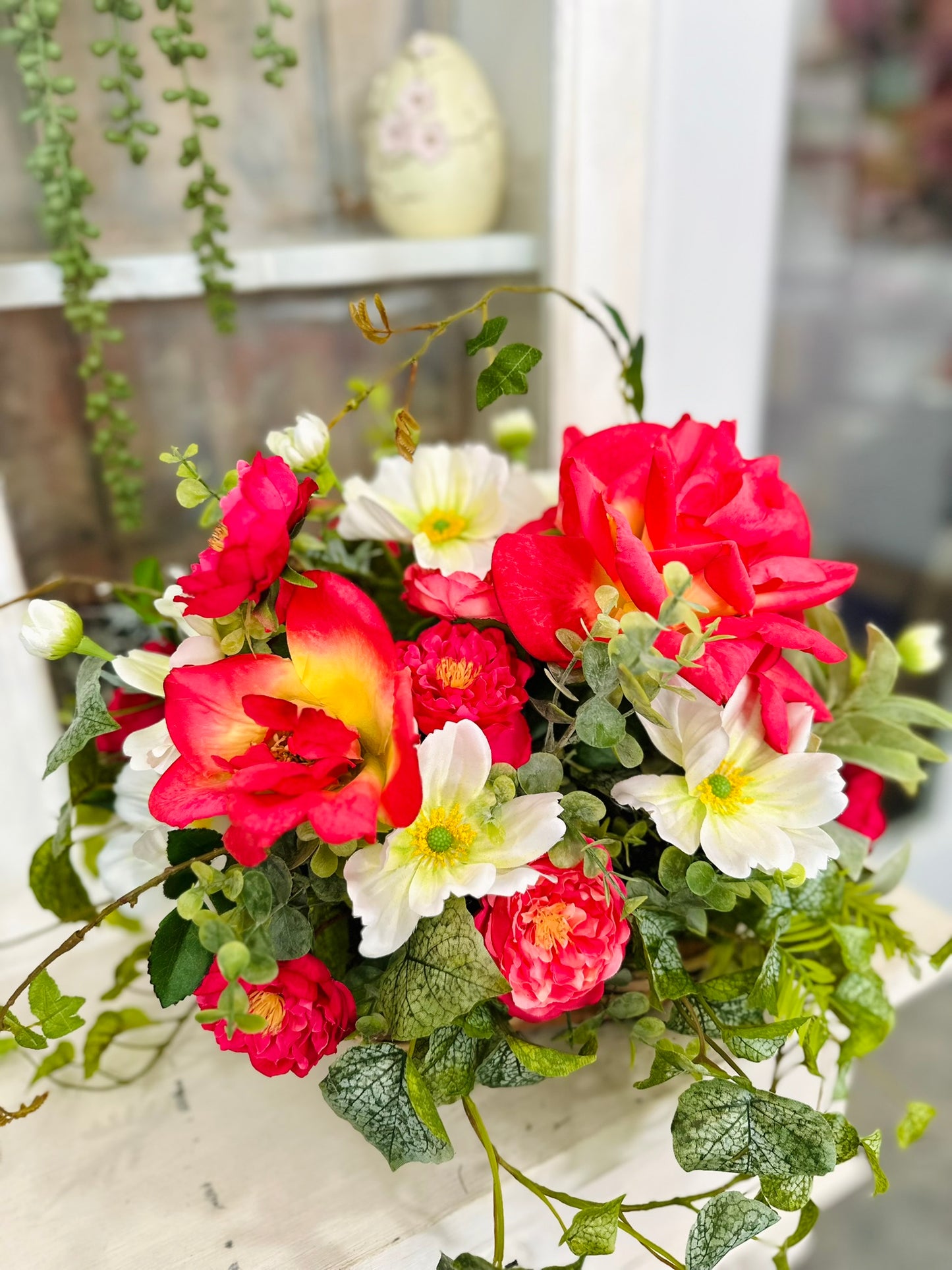 22x15 Faux Rose & Cosmos Arrangement – Silk Flower Centerpiece with Greenery