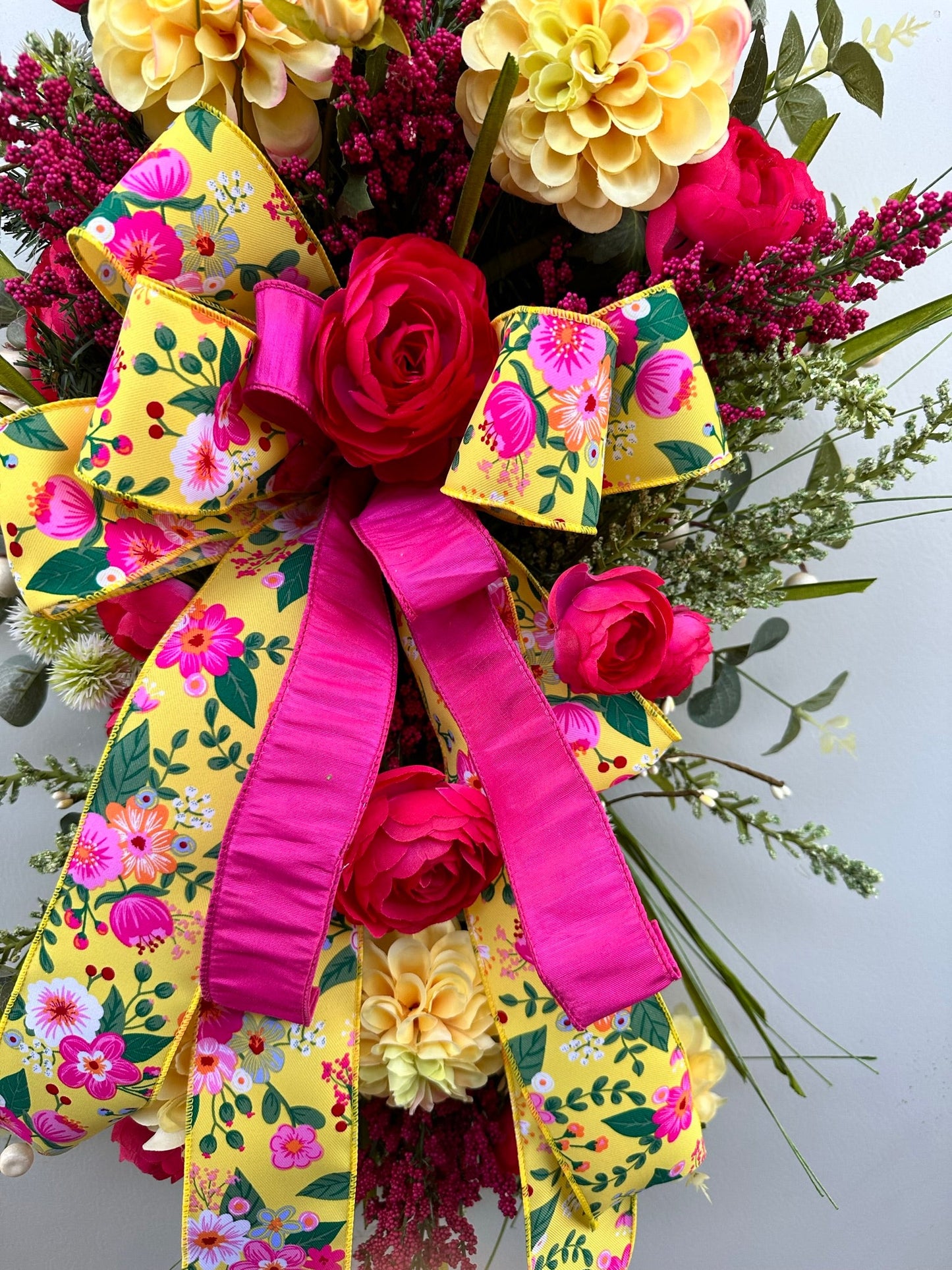 Pink and Yellow Floral Door Swag", Door Hanger with Berry Sprays, Pine Teardrop Base Door Swag, Artificial Greenery Decor-TCT1511