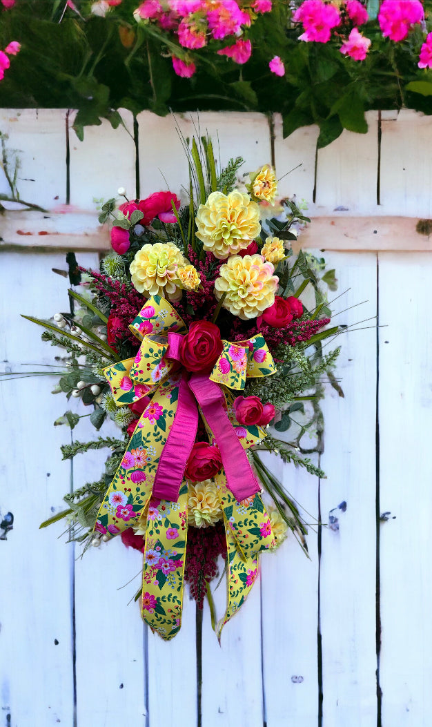 Pink and Yellow Floral Door Swag", Door Hanger with Berry Sprays, Pine Teardrop Base Door Swag, Artificial Greenery Decor-TCT1511