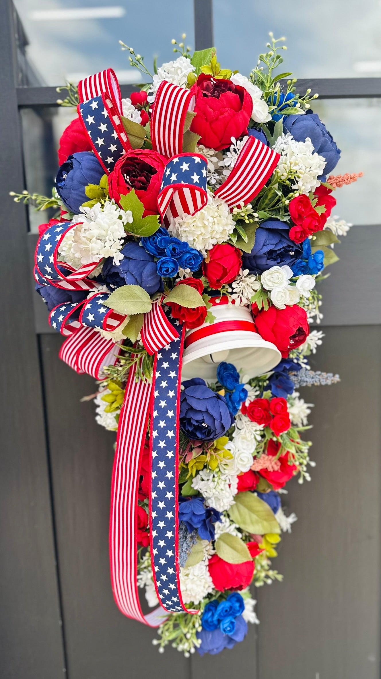 Patriotic Liberty Bell Door Swag – 34" Red White Blue Floral Wreath for 4th of July