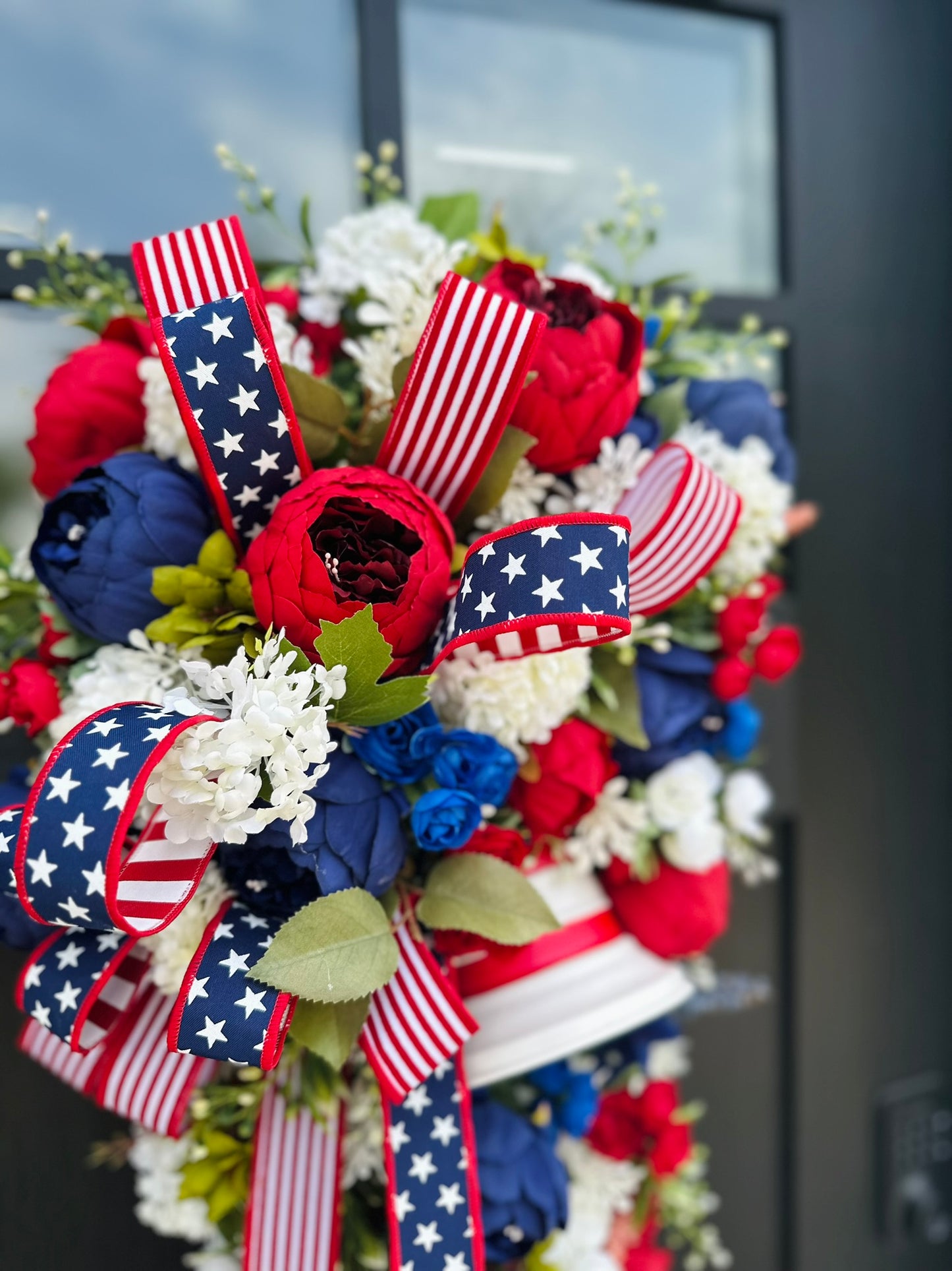 Patriotic Liberty Bell Door Swag – 34" Red White Blue Floral Wreath for 4th of July
