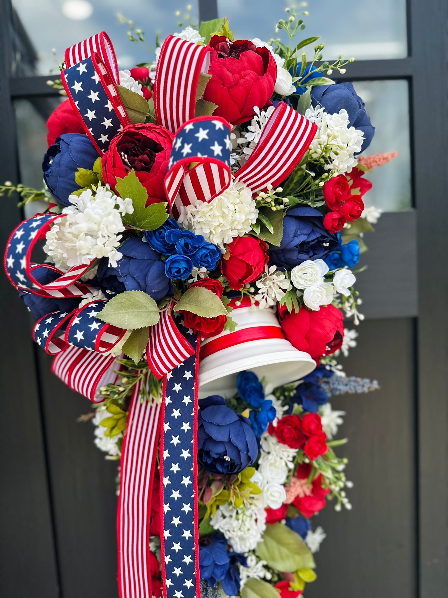 Patriotic Liberty Bell Door Swag – 34" Red White Blue Floral Wreath for 4th of July