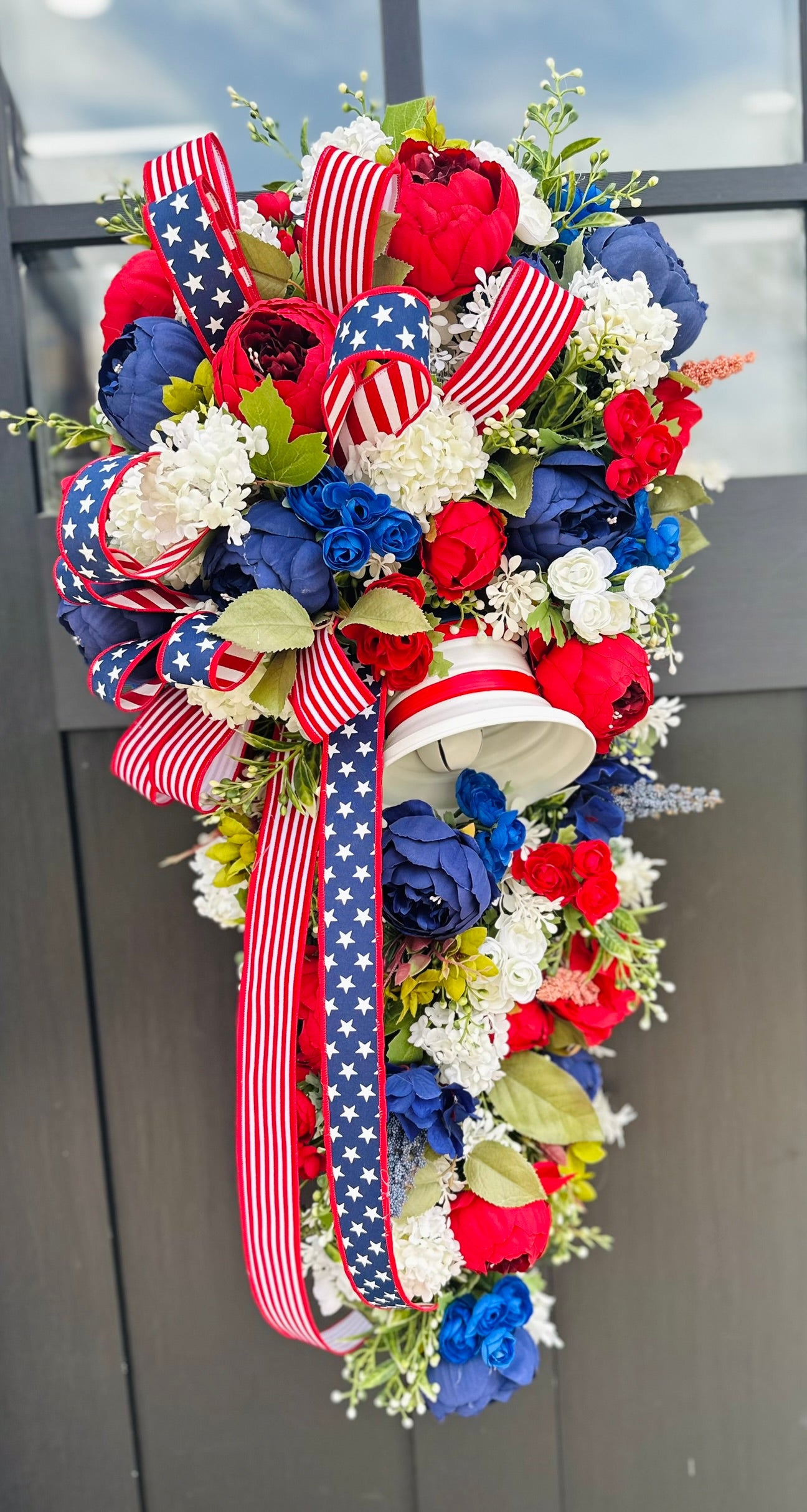 Patriotic Liberty Bell Door Swag – 34" Red White Blue Floral Wreath for 4th of July