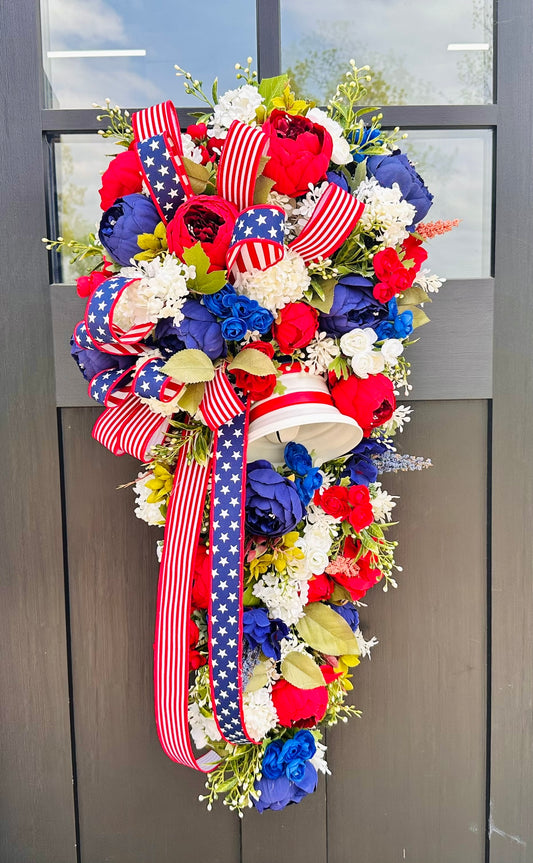 Patriotic Liberty Bell Door Swag – 34" Red White Blue Floral Wreath for 4th of July