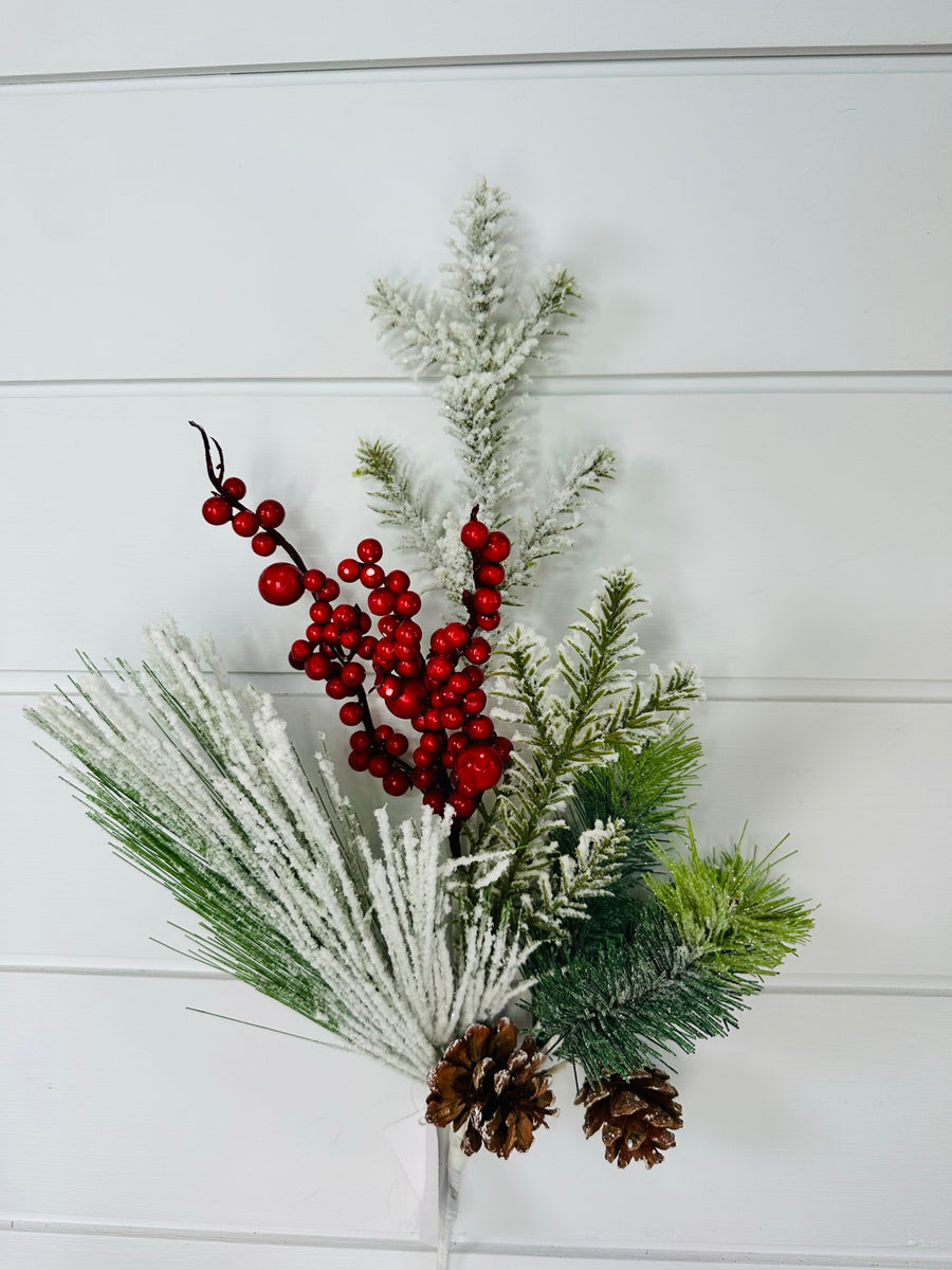 21 Snow Flocked Pine & Pinecone Pick with Red Berries - Festive Chris –  TCTCrafts