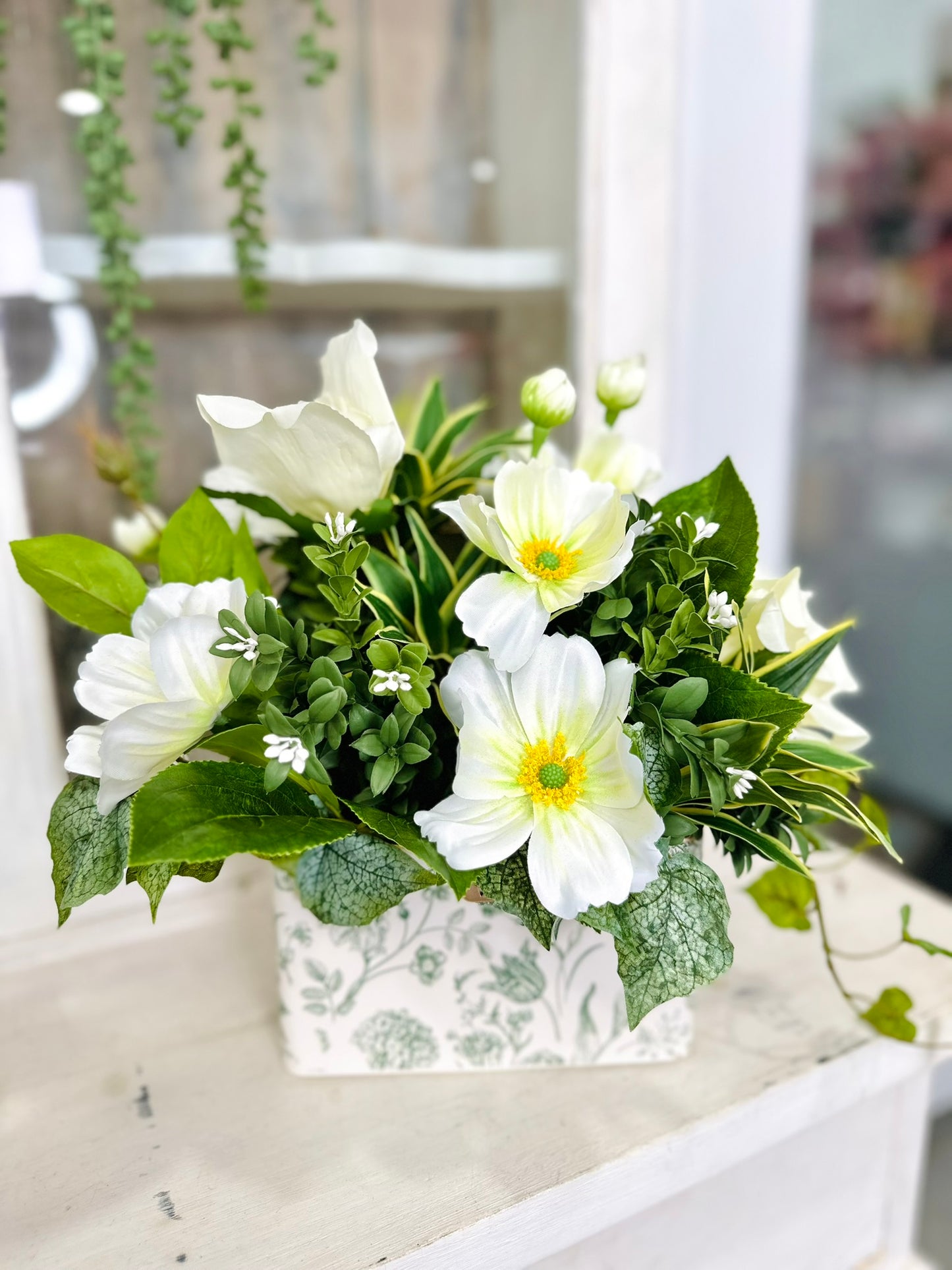 Small Faux Floral Arrangement with Cream Cosmos & Greenery in White Metal Planter