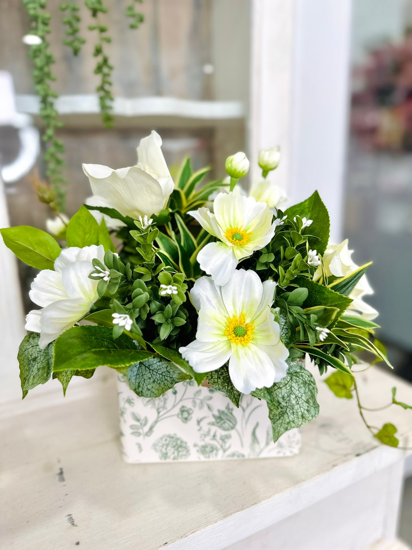 Small Faux Floral Arrangement with Cream Cosmos & Greenery in White Metal Planter