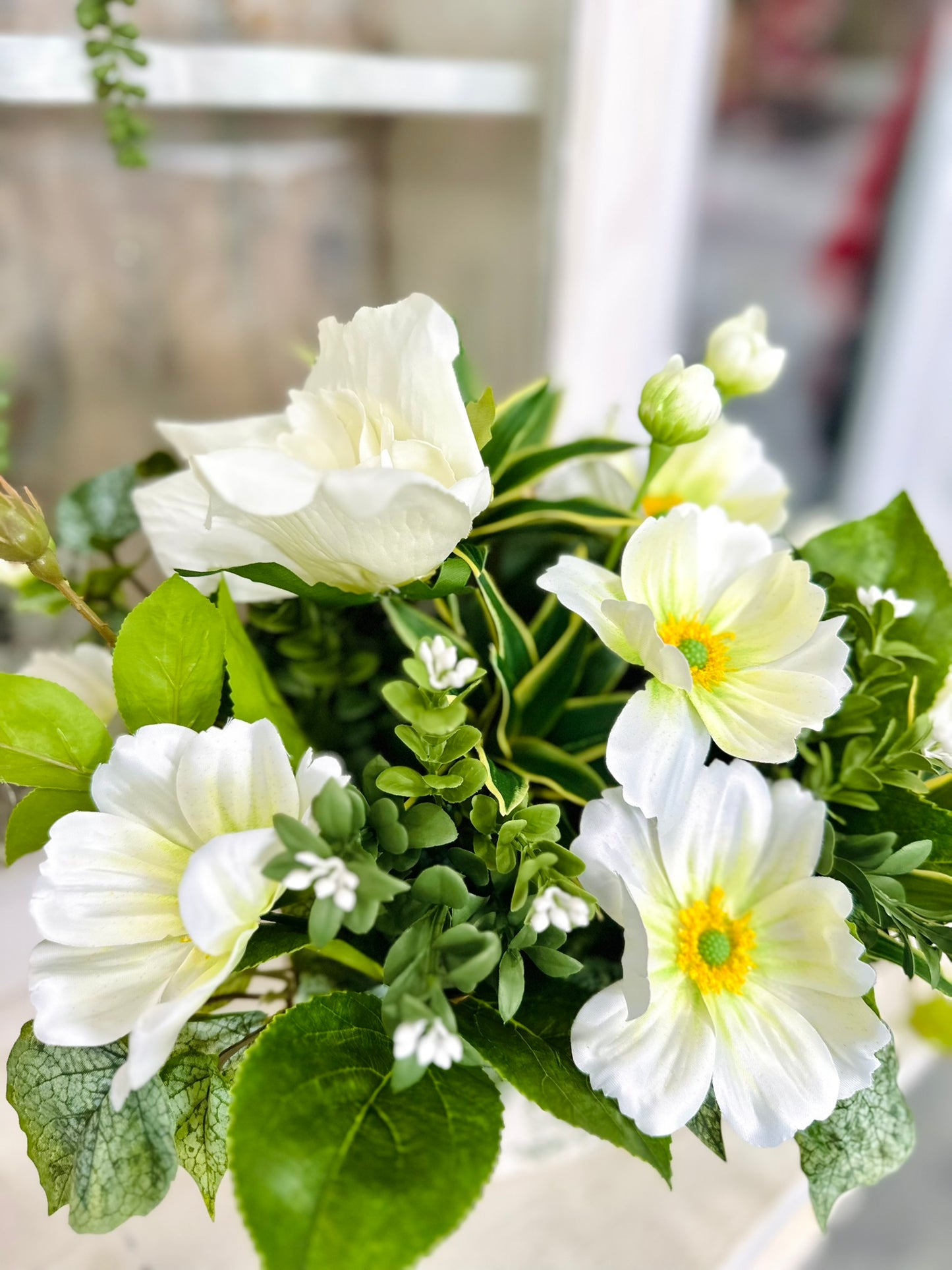 Small Faux Floral Arrangement with Cream Cosmos & Greenery in White Metal Planter