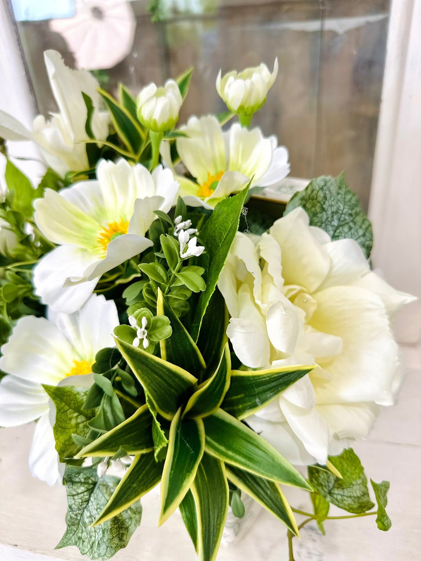Small Faux Floral Arrangement with Cream Cosmos & Greenery in White Metal Planter