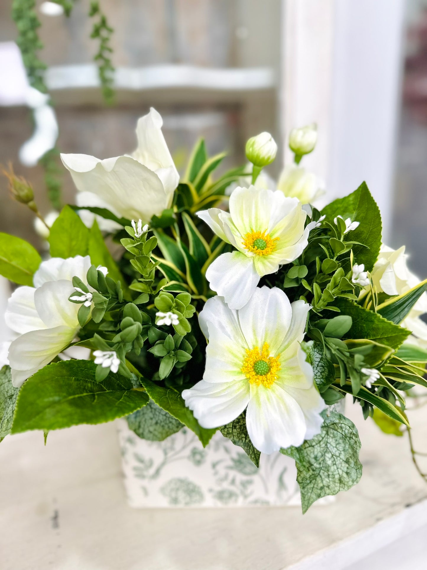 Small Faux Floral Arrangement with Cream Cosmos & Greenery in White Metal Planter