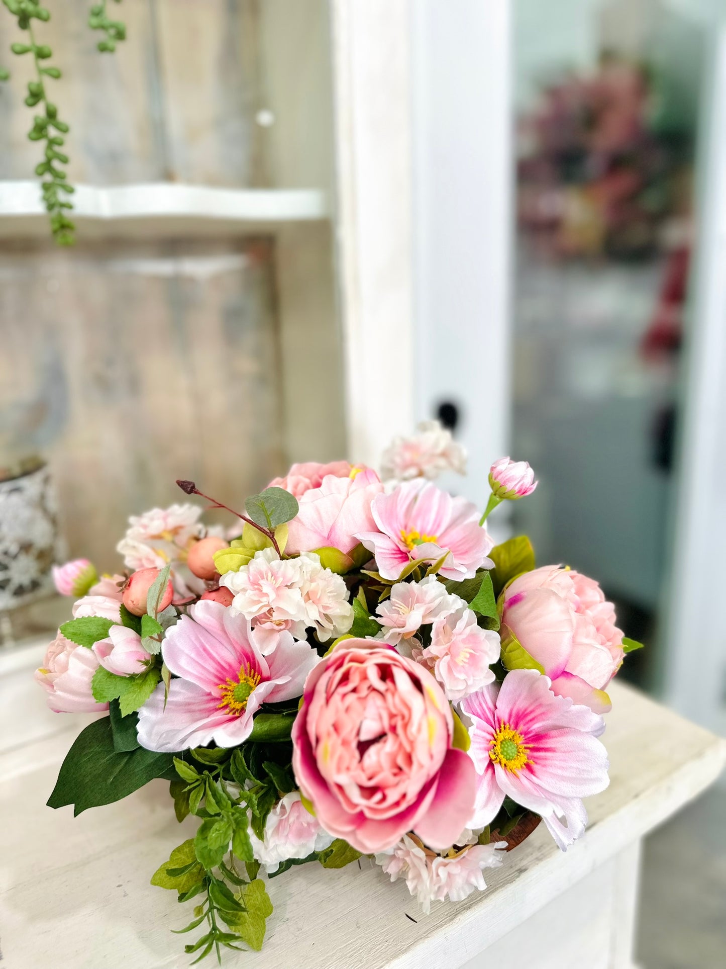 Pink Peony and Cherry Blossom Faux Floral Arrangement – Spring Gift or Table Decor