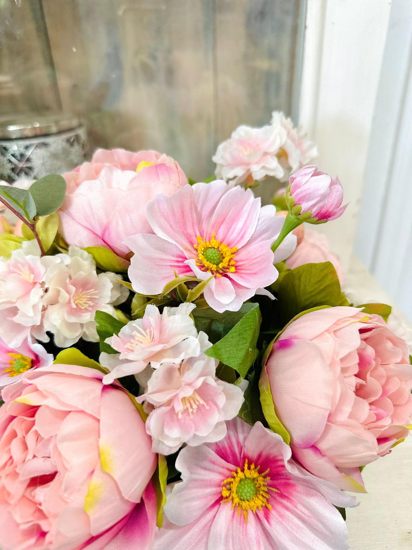 Pink Peony and Cherry Blossom Faux Floral Arrangement – Spring Gift or Table Decor