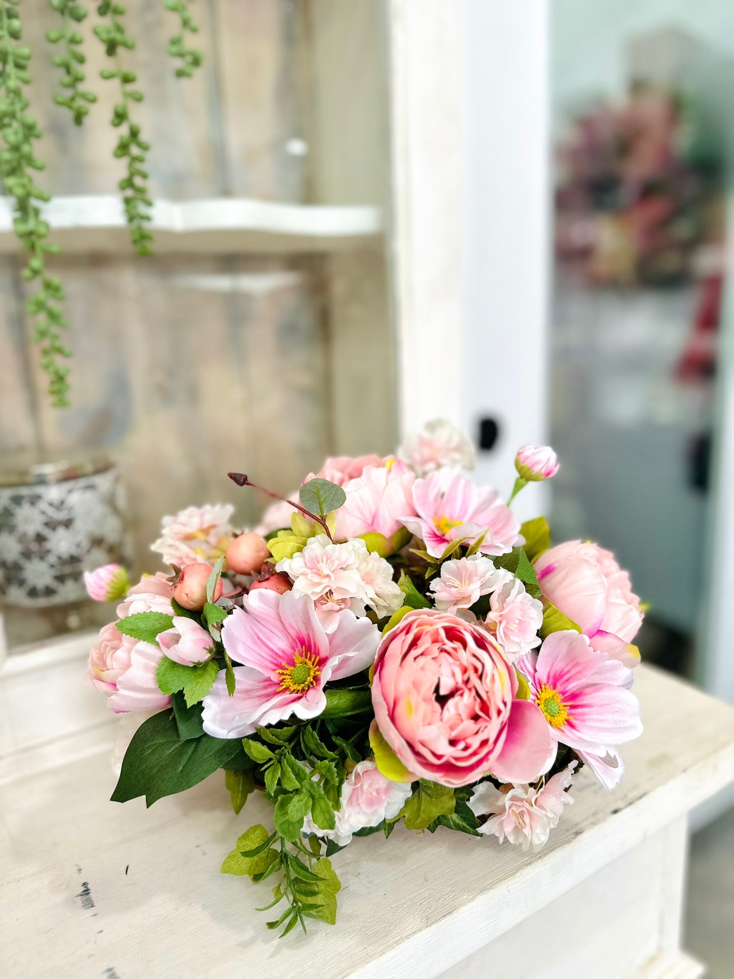 Pink Peony and Cherry Blossom Faux Floral Arrangement – Spring Gift or Table Decor
