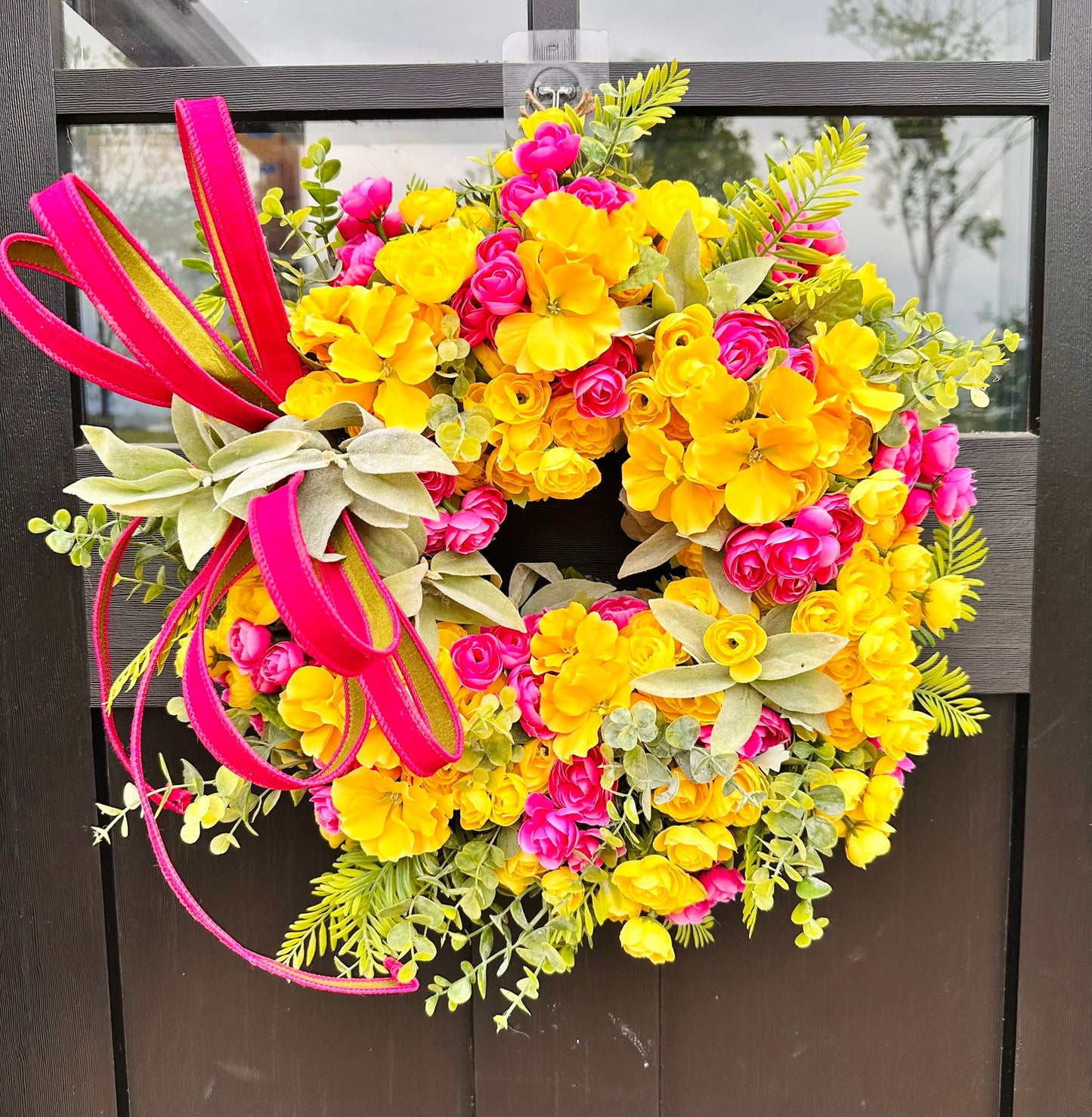 Bright Spring Summer Front Door Decor – Yellow & Pink Primrose Ranunculus Faux Floral Arrangement with Bow