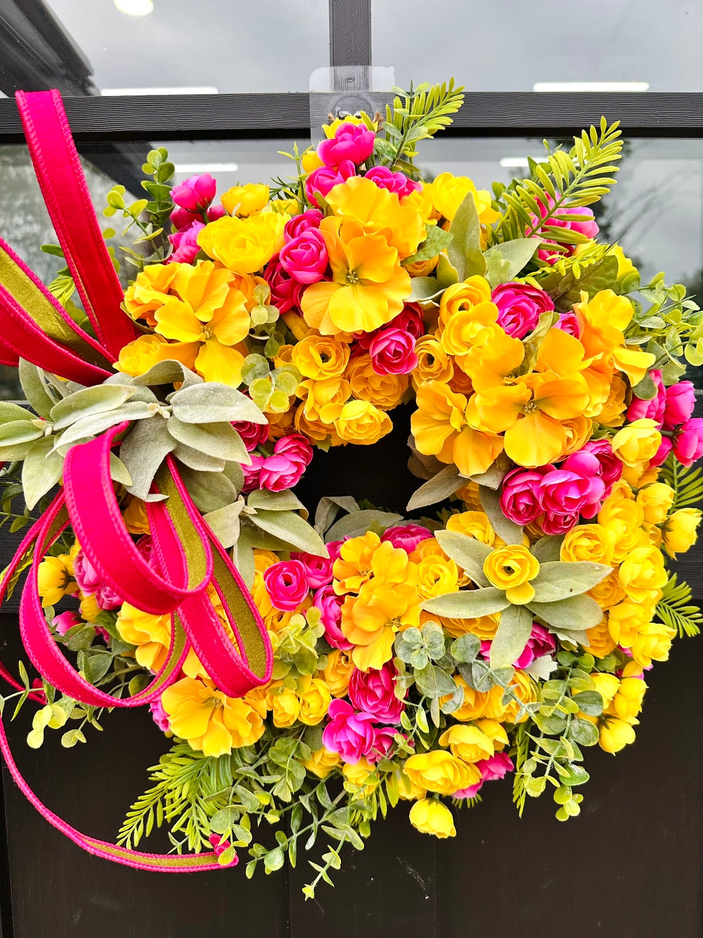 Bright Spring Summer Front Door Decor – Yellow & Pink Primrose Ranunculus Faux Floral Arrangement with Bow