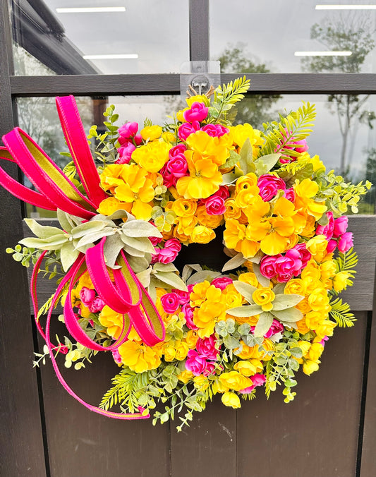 Bright Spring Summer Front Door Decor – Yellow & Pink Primrose Ranunculus Faux Floral Arrangement with Bow
