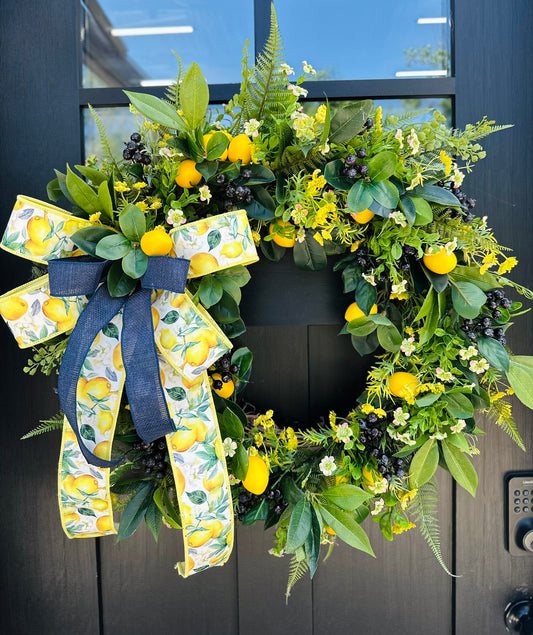 Summer Lemon and Blueberry Wreath – 26" Front Door Decor