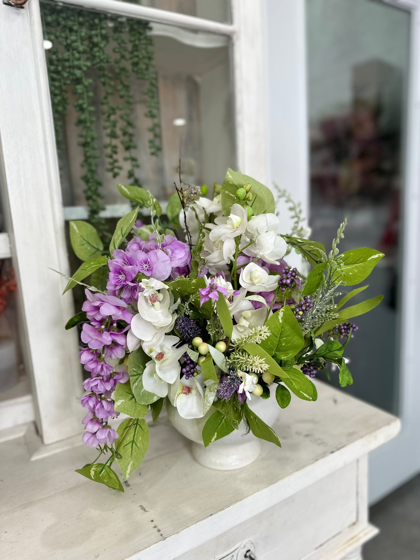 Purple and White Faux Floral Arrangement in Ceramic Vase – 18x16