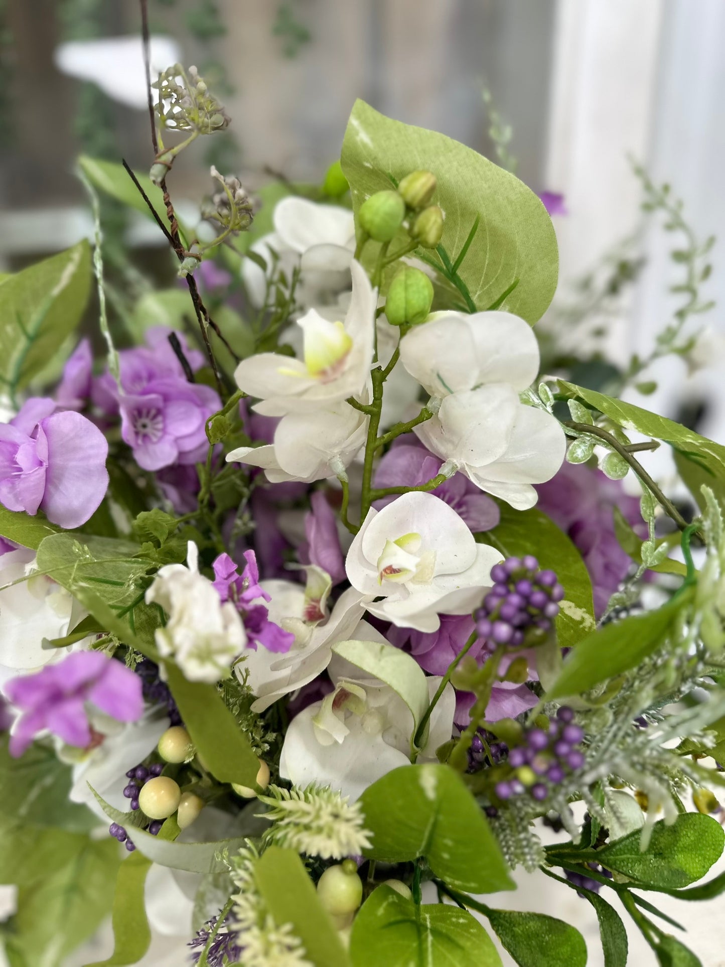 Purple and White Faux Floral Arrangement in Ceramic Vase – 18x16