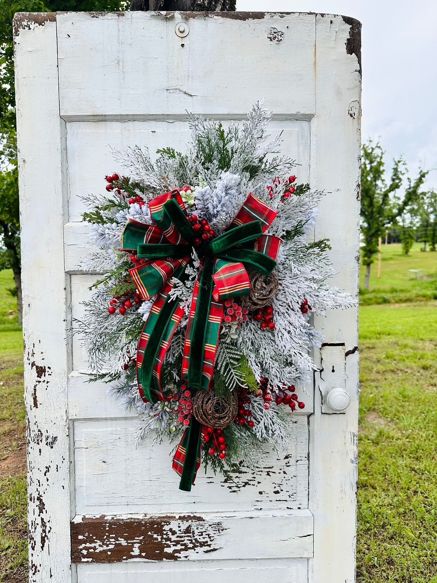 Rustic Christmas Door Swag with Red Berries and Flocked Pine Decor-TCT1577 TCT Crafts