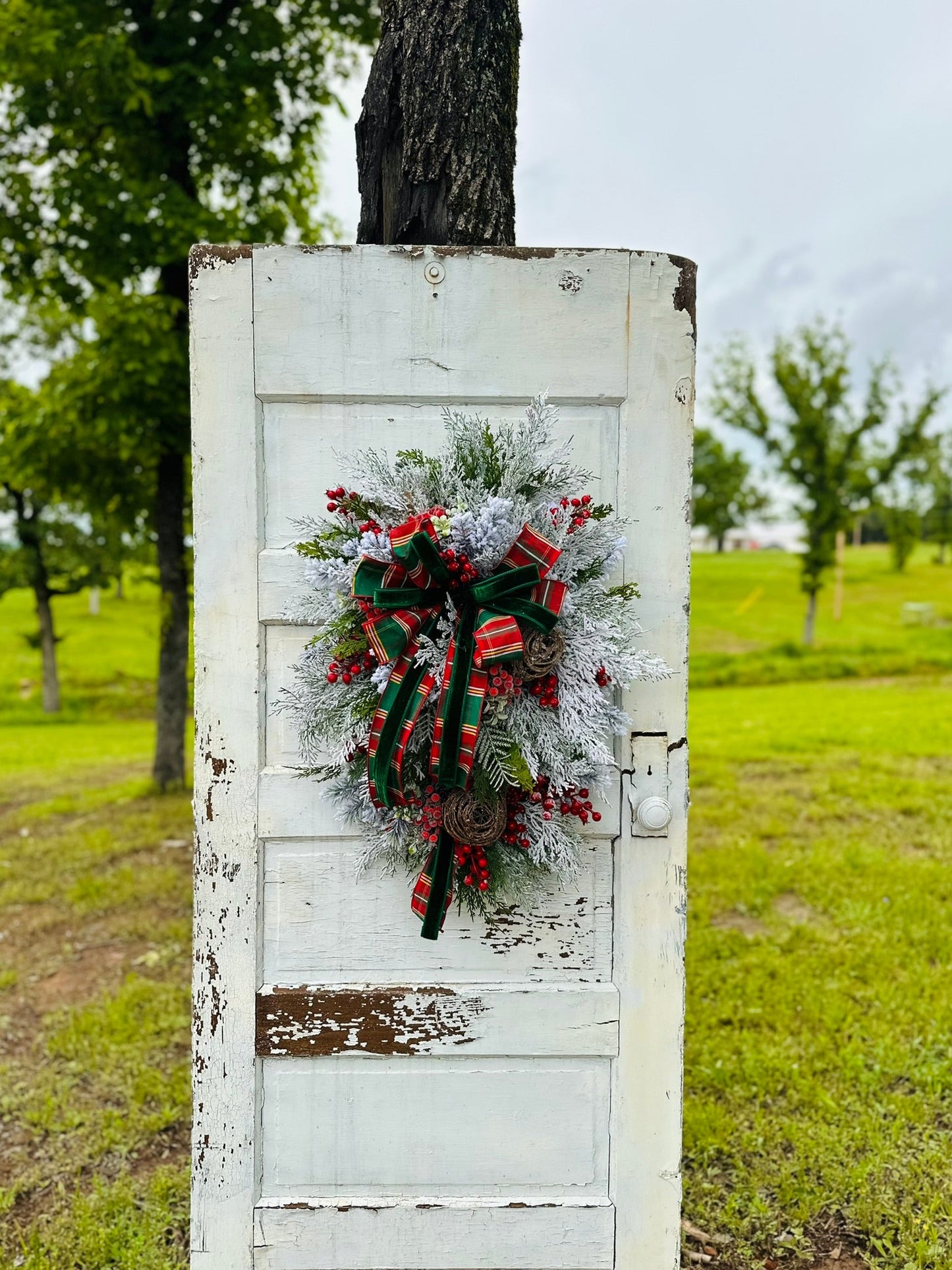 Rustic Christmas Door Swag with Red Berries and Flocked Pine Decor-TCT1577 TCT Crafts