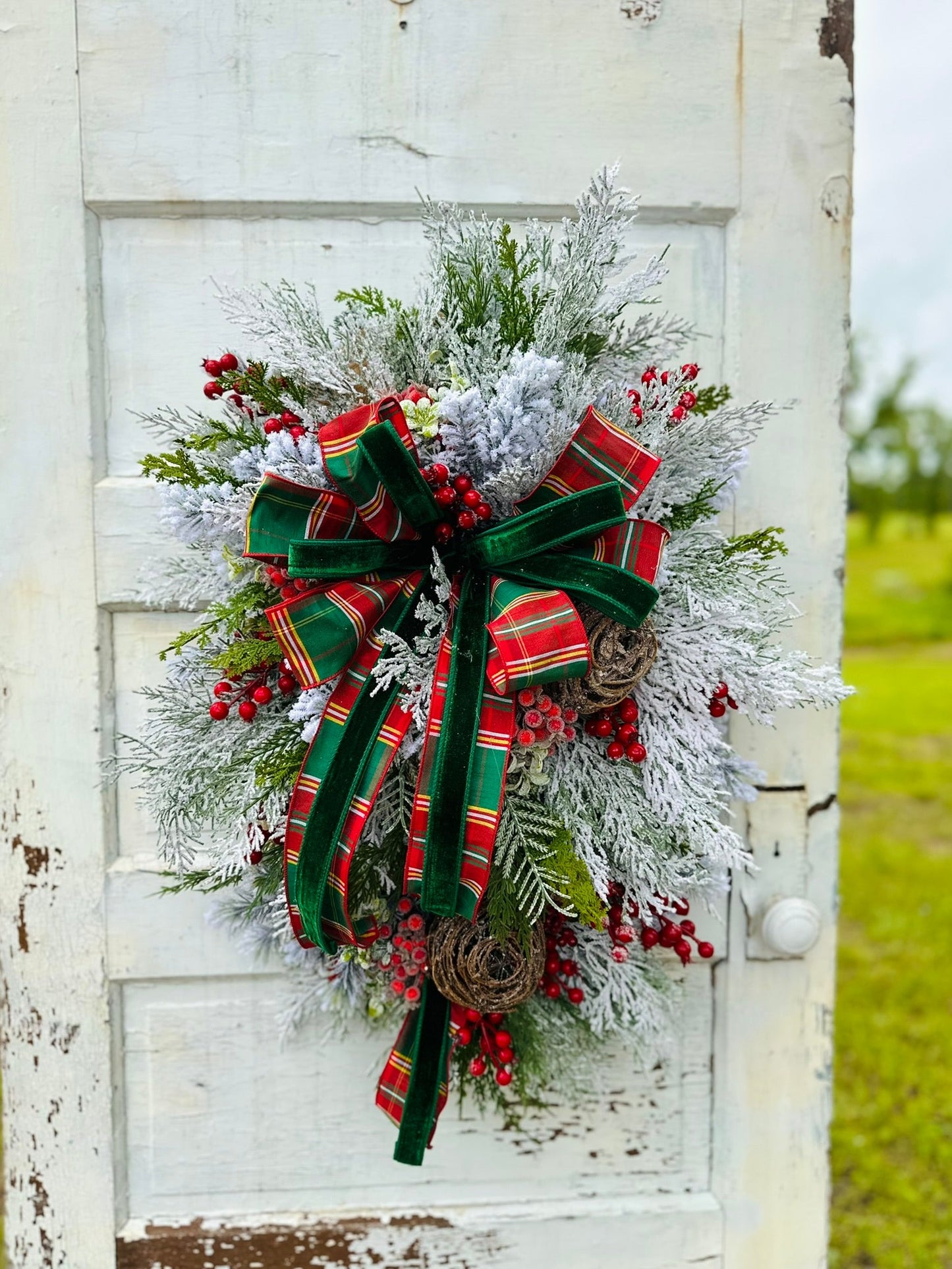 Rustic Christmas Door Swag with Red Berries and Flocked Pine Decor-TCT1577 TCT Crafts