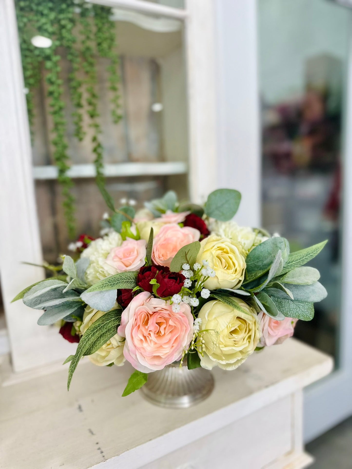 Romantic Blush and Cream Artificial Floral Centerpiece with Lamb's Ear – Wedding Table Decor or Event Arrangement TCT Crafts