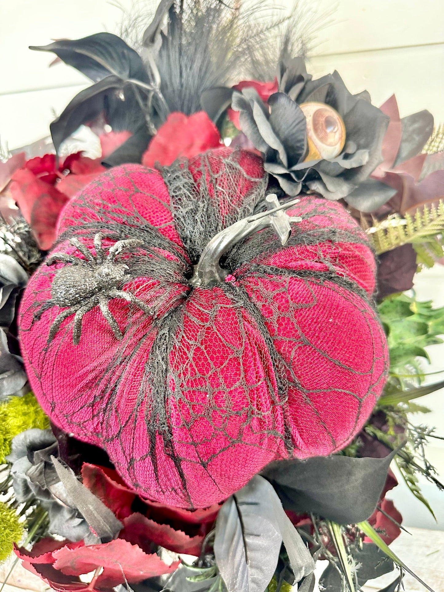 Spooky Glam Halloween Arrangement - Elegant Black Candlestick with Burgundy Foam Pumpkin and Halloween Florals-TCT1674 TCT Crafts