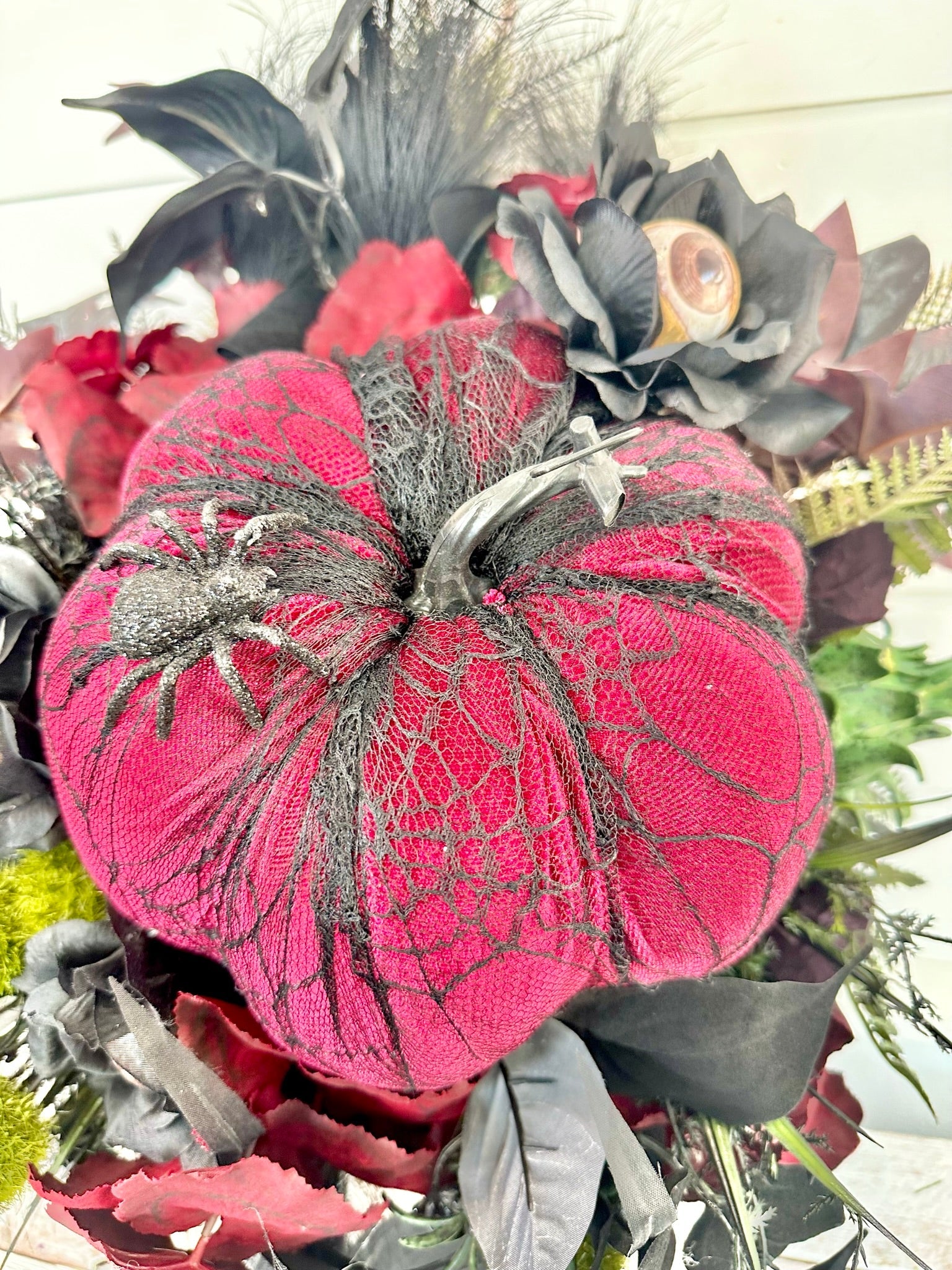 Spooky Glam Halloween Arrangement - Elegant Black Candlestick with Burgundy Foam Pumpkin and Halloween Florals-TCT1674 TCT Crafts