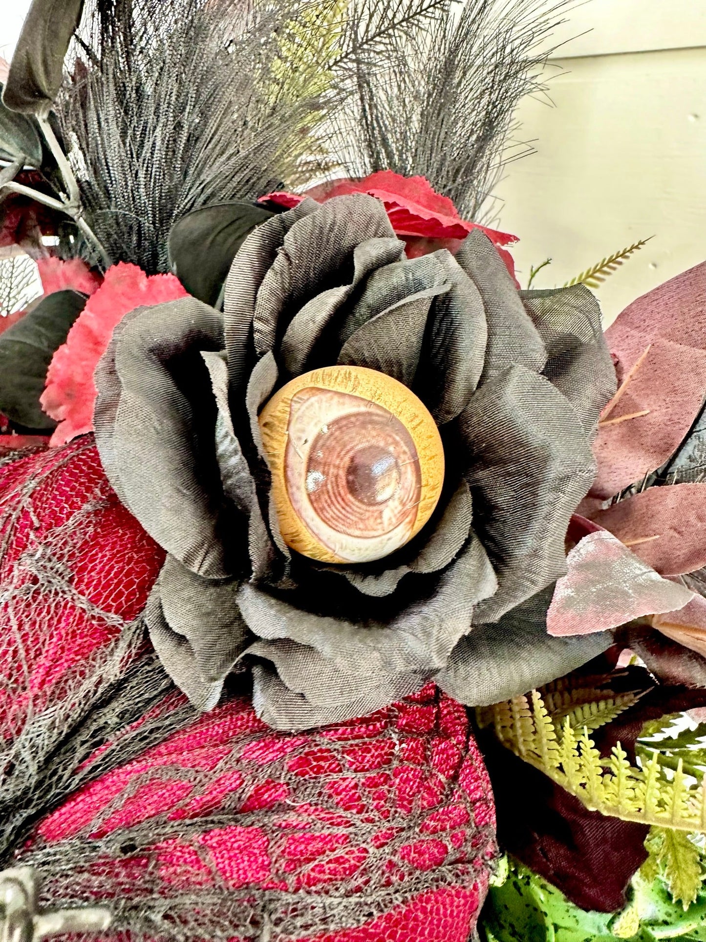 Spooky Glam Halloween Arrangement - Elegant Black Candlestick with Burgundy Foam Pumpkin and Halloween Florals-TCT1674 TCT Crafts