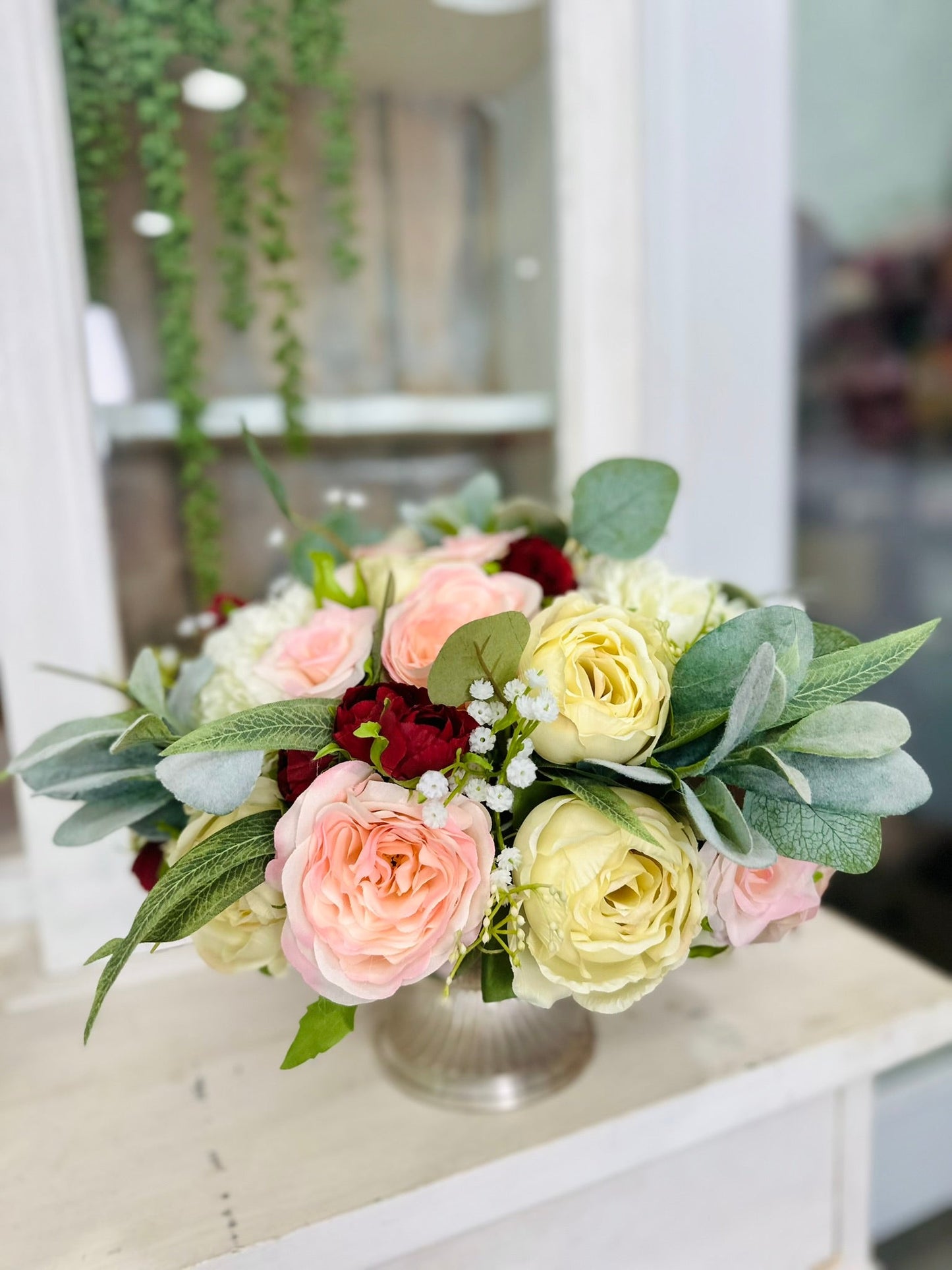 Romantic Blush and Cream Artificial Floral Centerpiece with Lamb's Ear – Wedding Table Decor or Event Arrangement TCT Crafts