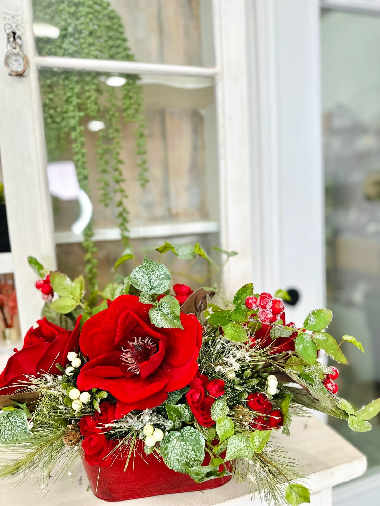 Red Velvet Magnolia Christmas Centerpiece with Berries, Frosted Ivy & Flocked Pine – Holiday Table Decor TCT Crafts