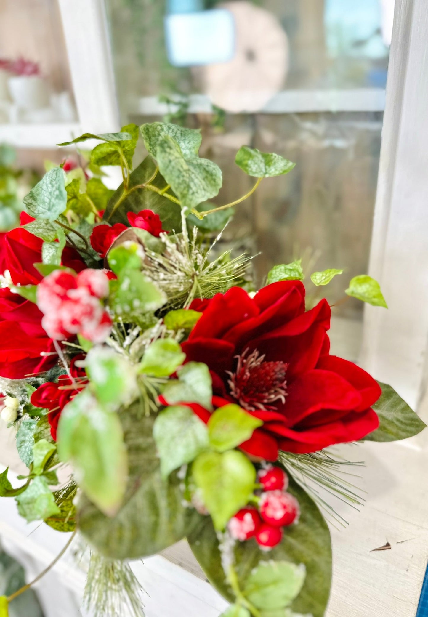 Red Velvet Magnolia Christmas Centerpiece with Berries, Frosted Ivy & Flocked Pine – Holiday Table Decor TCT Crafts