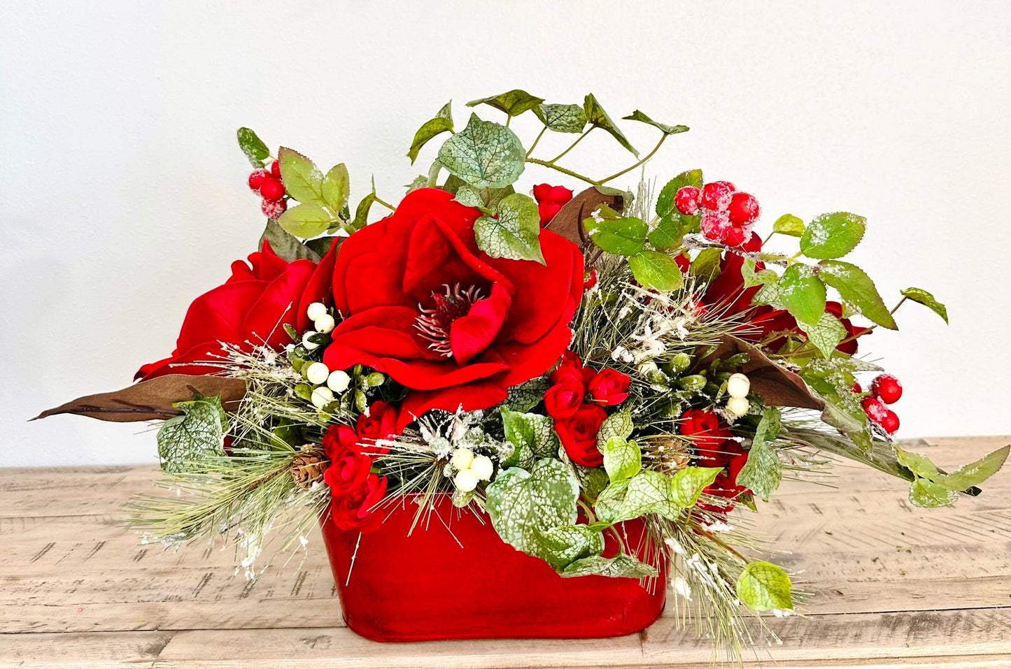 Red Velvet Magnolia Christmas Centerpiece with Berries, Frosted Ivy & Flocked Pine – Holiday Table Decor TCT Crafts