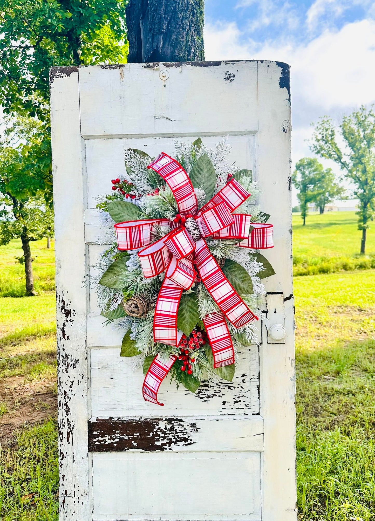 Red/White Christmas Door Swag with Red Berries and Flocked Pine Decor-TCT1577 TCT Crafts
